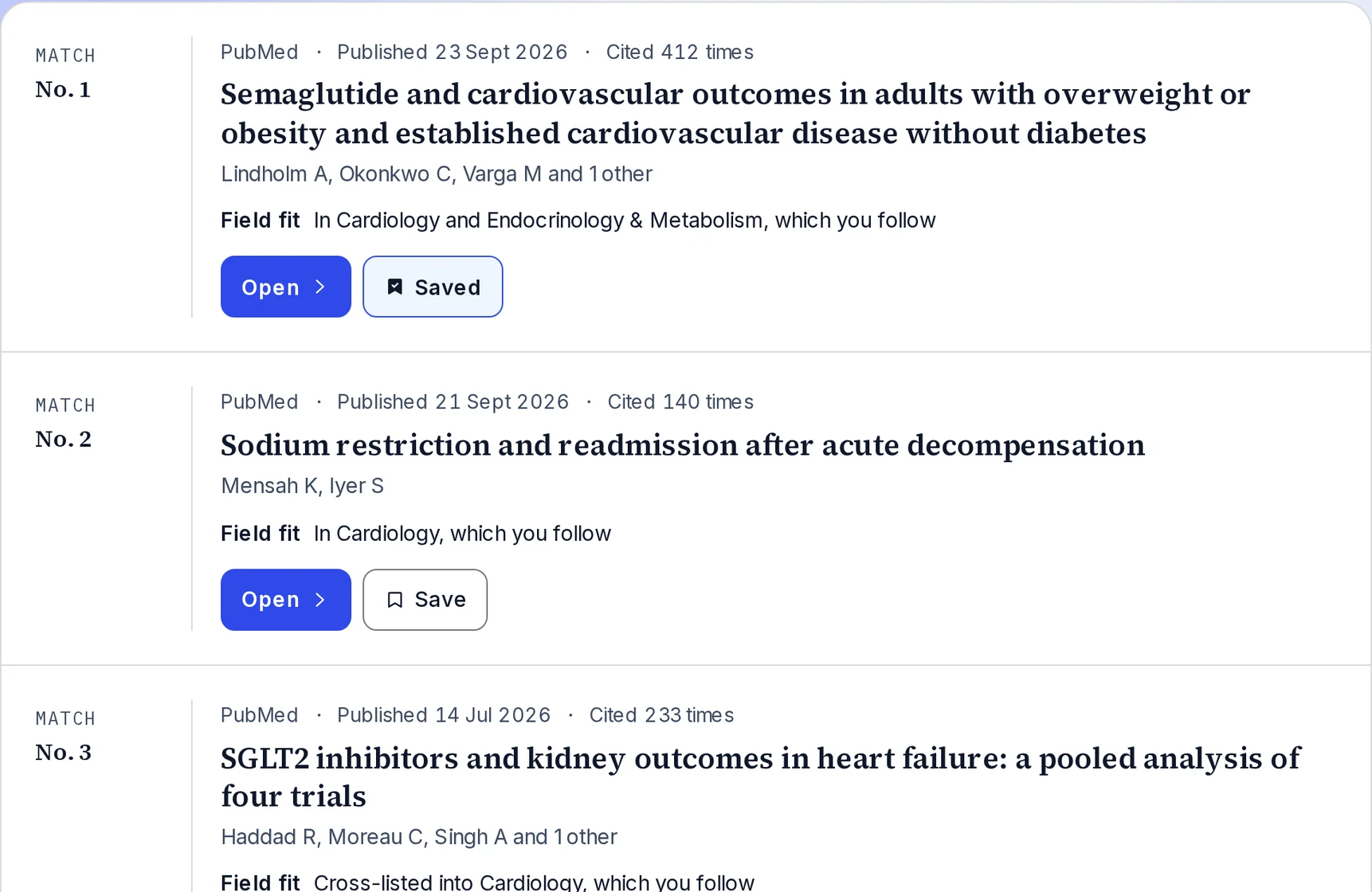 Search results for cardiology from the sample: each paper with its source, date, citations, authors and field fit, and an Open button.